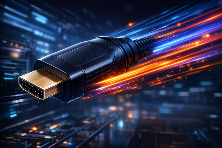 HDMI 2.2 cable with 96Gbps bandwidth label and glowing data streams